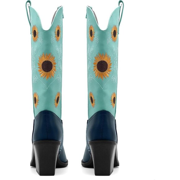 Nzzoo Western Boots Women Blue With Black Cowboy Wide Mid Calf Cowgirl Shoes - Picture 5 of 7